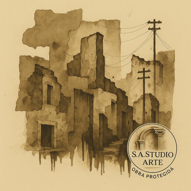 May include: Sepia-toned watercolor painting of a dilapidated urban landscape. The artwork depicts crumbling buildings, utility poles, and power lines. The image has a vintage aesthetic, with a circular logo in the bottom right corner that reads "S.A. STUDIO ARTE OBRA PROTEGIDA."