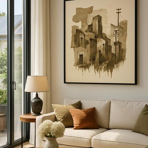 May include: A living room scene featuring a large framed abstract watercolor painting in sepia tones depicting a cityscape. The room includes a cream-colored sofa with decorative pillows, a round wooden coffee table, and a side table with a lamp.