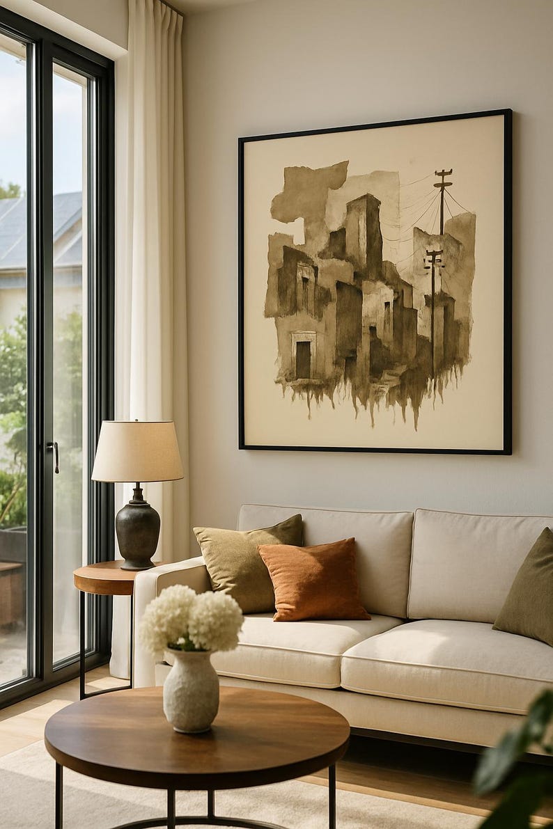 May include: A living room scene featuring a large framed abstract watercolor painting in sepia tones depicting a cityscape. The room includes a cream-colored sofa with decorative pillows, a round wooden coffee table, and a side table with a lamp.