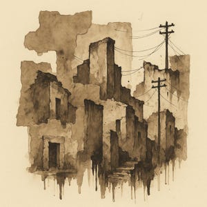 May include: Sepia-toned watercolor painting of a decaying urban landscape. Buildings with crumbling facades and visible doorways are depicted, with utility poles and power lines in the background. The artwork has a distressed, aged appearance, with drips of paint.
