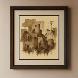 May include: Framed watercolor painting depicting a cityscape in shades of brown and beige. The artwork features buildings, power lines, and a sepia-toned aesthetic. The painting is encased in a dark brown wooden frame with a cream-colored mat.