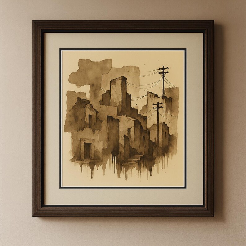 May include: Framed watercolor painting depicting a cityscape in shades of brown and beige. The artwork features buildings, power lines, and a sepia-toned aesthetic. The painting is encased in a dark brown wooden frame with a cream-colored mat.