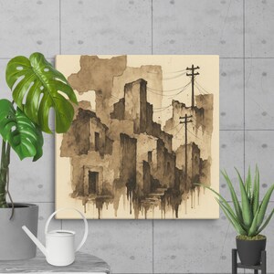 Könnte beinhalten: Aquarellmalerei einer Stadtlandschaft in Braun- und Beigetönen. Das Kunstwerk zeigt Gebäude und Stromleitungen mit einer verwitterten, gealterten Ästhetik. Das Gemälde hat ein strukturiertes Aussehen, mit Tropfen und Spritzern.