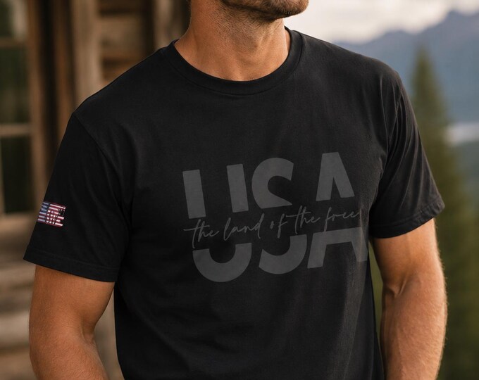 USA Land of the Free Shirt – Patriotic American Flag Sleeve Graphic Tee