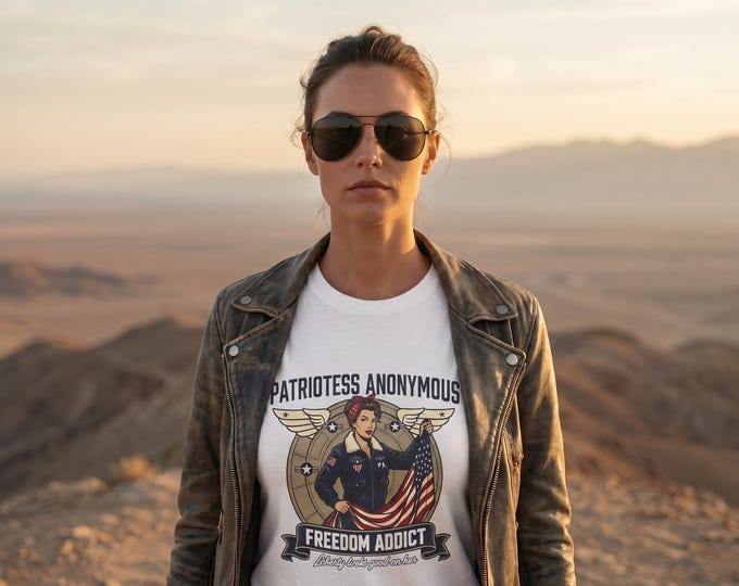 Vintage Bomber Art Pinup Tee, Freedom Addict Graphic, Patriotic Aviation Top, Retro 1940s Nose Art Style, Veteran Owned Apparel
