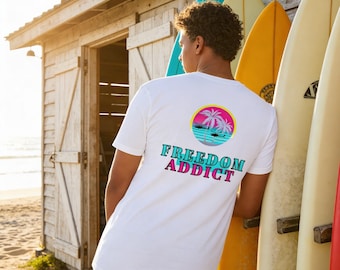 Retro Freedom Addict T-Shirt: 80s Palm Tree Miami Vice Style Patriotic Streetwear