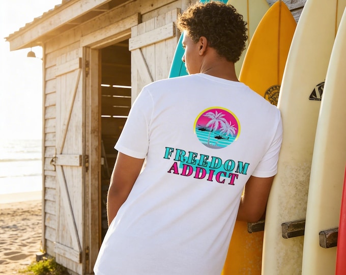 Retro Freedom Addict T-Shirt: 80s Palm Tree Miami Vice Style Patriotic Streetwear