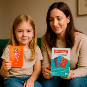 May include: A young girl and an adult woman are seated on a green couch, holding cards and a box. The girl holds an orange card with a cartoon illustration and the word "JOY." The box is labeled "BIG FEELINGS."