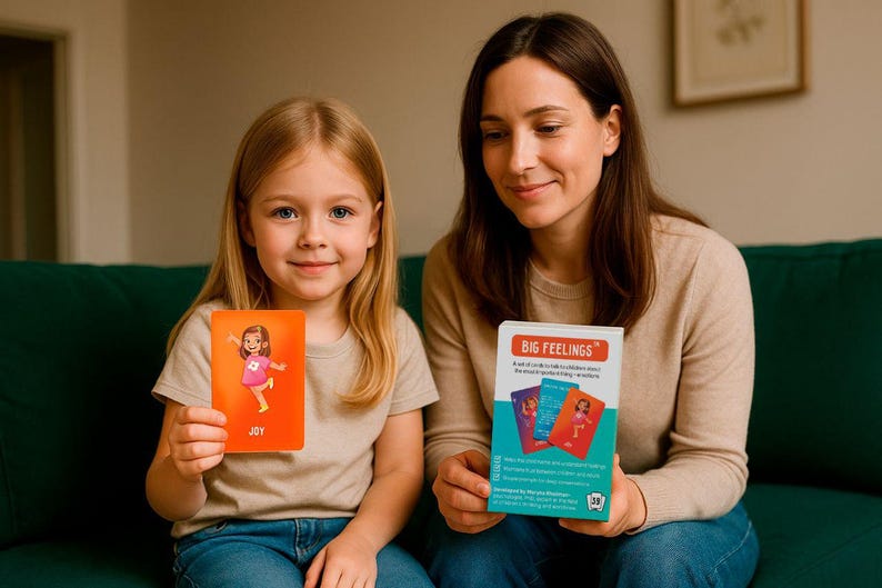 May include: A young girl and an adult woman are seated on a green couch, holding cards and a box. The girl holds an orange card with a cartoon illustration and the word "JOY." The box is labeled "BIG FEELINGS."