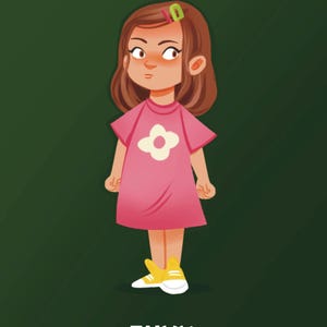 May include: Illustration of a young girl in a pink dress with a white flower design. She has brown hair, a green barrette, and yellow shoes. The word "ENVY" is written below the image on a green background.