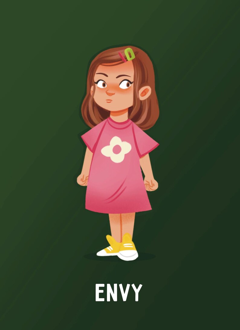 May include: Illustration of a young girl in a pink dress with a white flower design. She has brown hair, a green barrette, and yellow shoes. The word "ENVY" is written below the image on a green background.