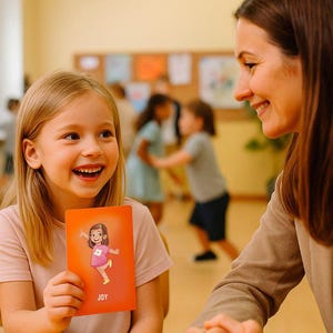 May include: A young girl smiles while holding a card with the word "JOY" on it. The card features a cartoon illustration of a girl in a pink dress. Another woman smiles in the background. The scene appears to be in a classroom.