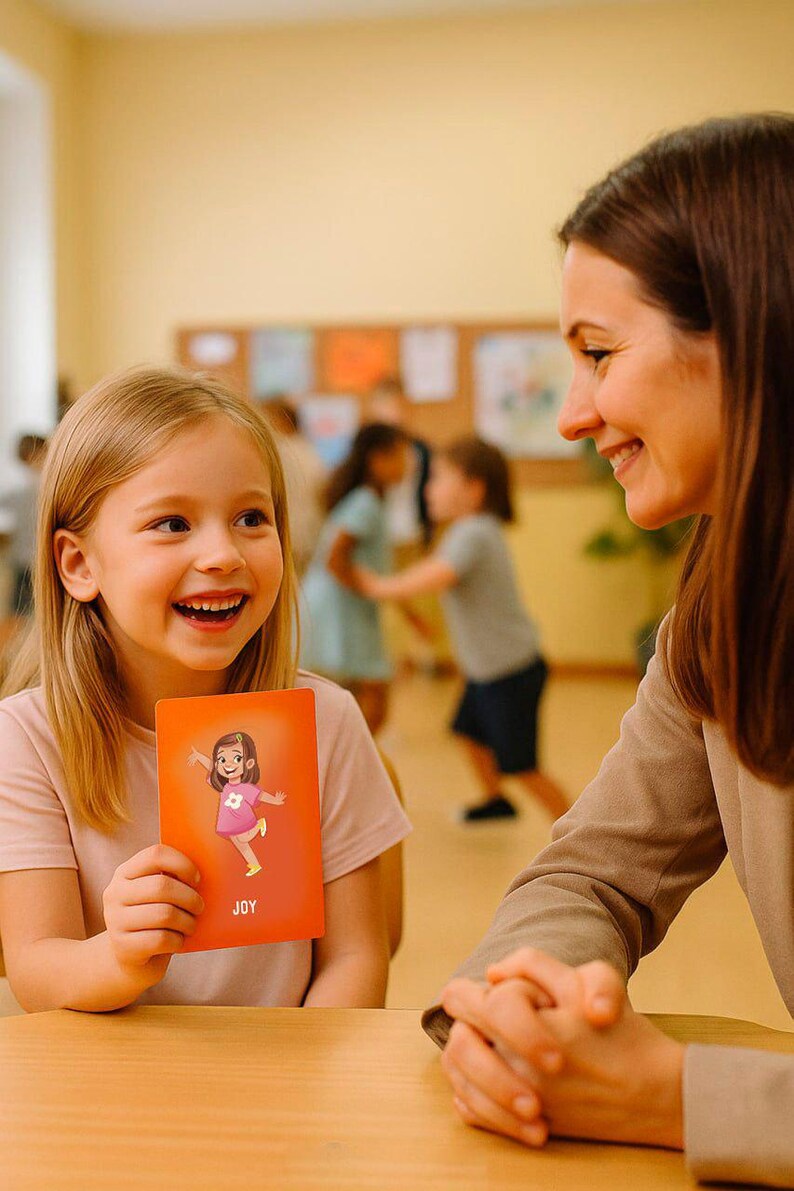 May include: A young girl smiles while holding a card with the word "JOY" on it. The card features a cartoon illustration of a girl in a pink dress. Another woman smiles in the background. The scene appears to be in a classroom.