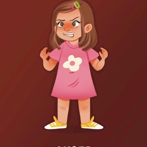 May include: Illustration of a young girl expressing anger. She wears a pink dress with a white flower and yellow shoes. Her face is flushed, and her expression is one of frustration. The word "ANGER" is written below her.