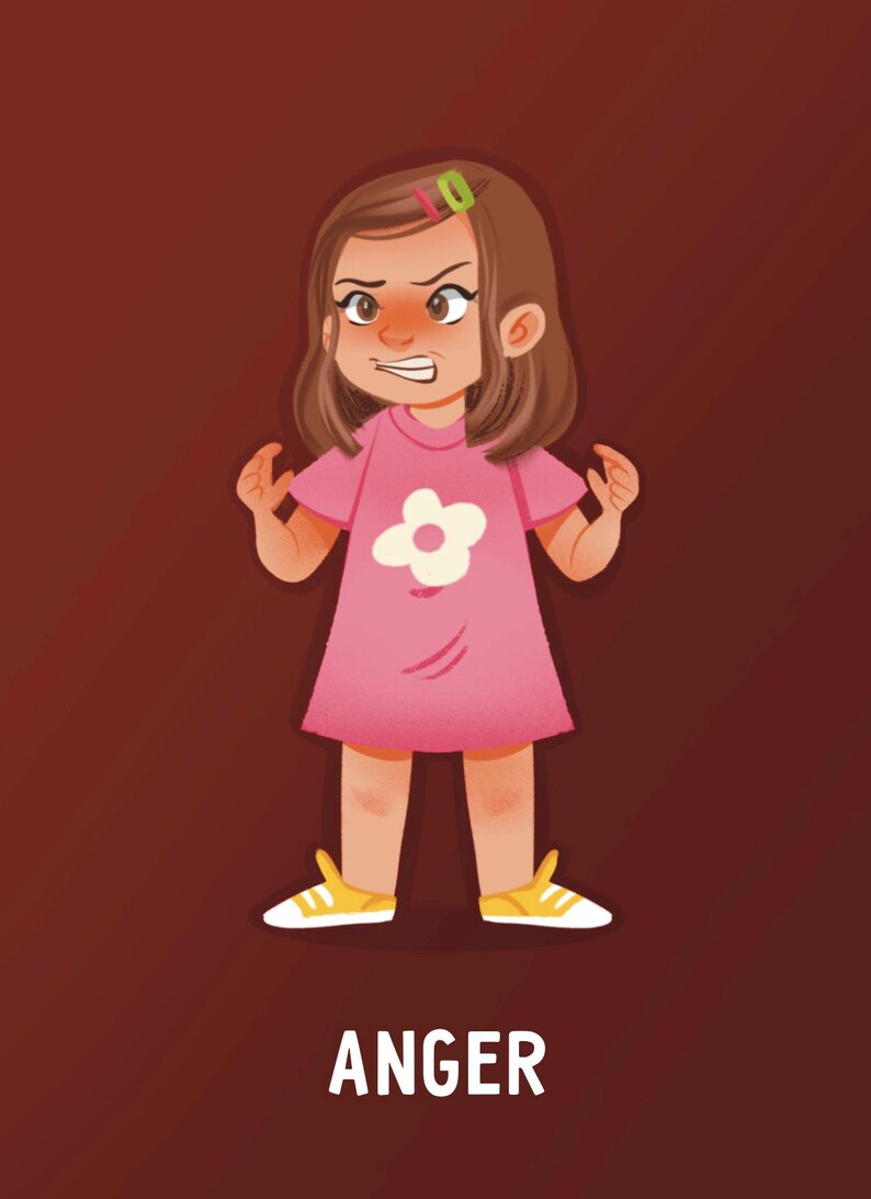 May include: Illustration of a young girl expressing anger. She wears a pink dress with a white flower and yellow shoes. Her face is flushed, and her expression is one of frustration. The word "ANGER" is written below her.