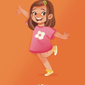 May include: Illustration of a smiling girl in a pink dress with a white flower design. She wears yellow shoes and has brown hair with a green barrette. The word "JOY" is at the bottom against an orange background.