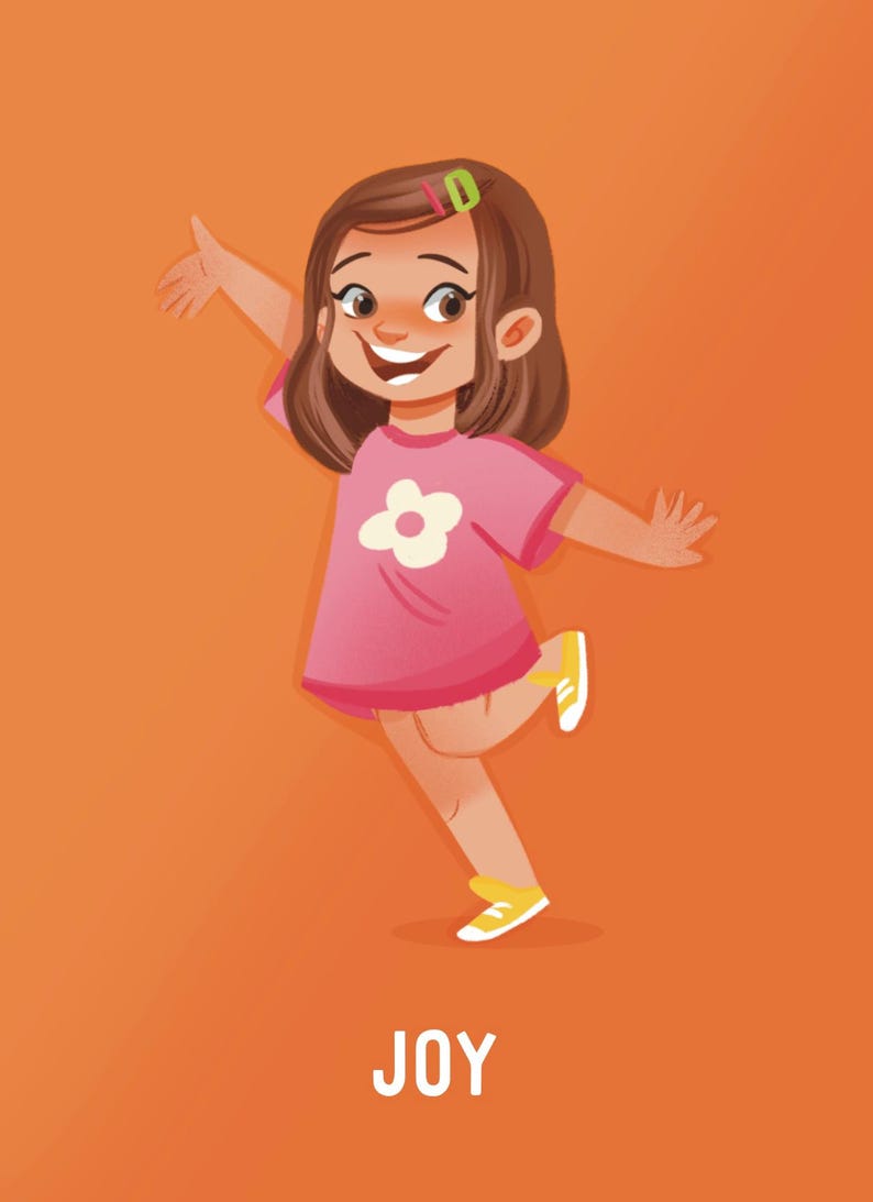 May include: Illustration of a smiling girl in a pink dress with a white flower design. She wears yellow shoes and has brown hair with a green barrette. The word "JOY" is at the bottom against an orange background.