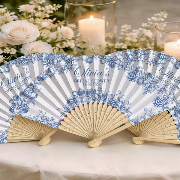 Blue Floral Bridal Shower Fan, Personalized Wedding Hand Fan, Custom  Summer Bridal Shower & Wedding Favor, Toile Wedding Decor, Guest Fan