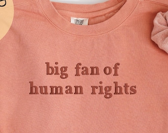 May include: Terracotta-colored sweatshirt with the text "big fan of human rights" in a darker shade. A matching scrunchie rests on the sleeve. The image also includes a circular logo that says "embroidered".