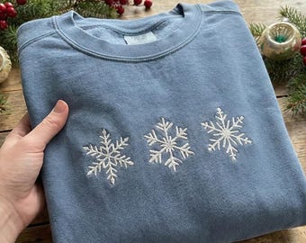 Snowflake Embroidered Sweatshirt - Personalized Christmas Design - Cute Winter Comfort Colors Shirt