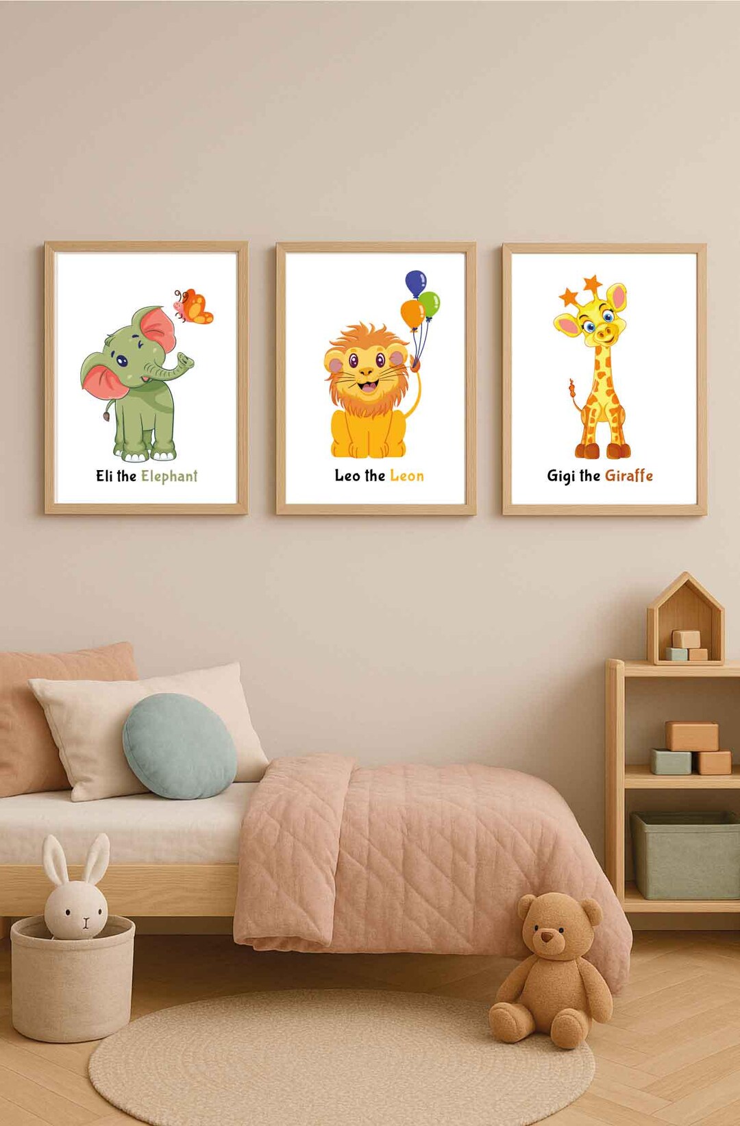 Safari Animals Nursery Wall Art Set of 3, Elephant Lion Giraffe Digital ...