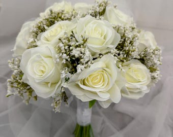 Artificial Ivory Rose & Gypsophila Wedding Bouquet Set | Silk Bridal Flowers | Bridesmaid, Buttonhole, Corsage, Cake Topper