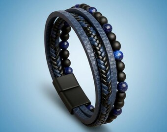 Pulsera de cuero genuino y pulsera de piedras preciosas - Moda masculina artesanal - Brazalete trenzado único - Regalo personalizado para él