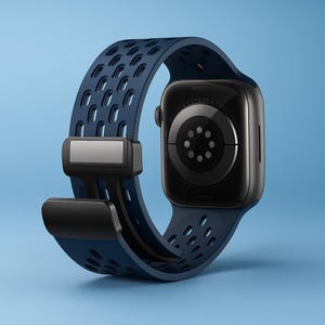 Puede incluir: Un reloj inteligente negro con una correa de silicona azul marino perforada. La esfera del reloj es negra con una corona plateada. La correa tiene un cierre seguro y está diseñada para la comodidad. Fondo azul claro.