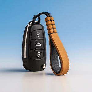 Puede incluir: Llave de coche negra con una correa de cuero marrón. La llave tiene tres botones y un anillo de metal plateado. La correa de cuero es de color canela y tiene un interior negro.