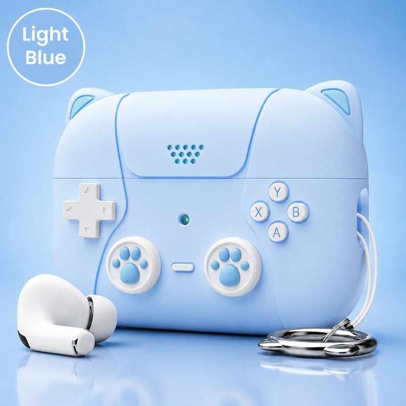 Unique Gamer AirPods Case | Vintage Console Design for AirPods 3rd/4th Gen & Pro 3 | Durable Silicone w/ Keychain | Perfect Gaming Gift Light Blue