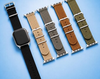 プレミアムスポーツナイロン製Apple Watchバンド（Ultra 2/1およびSeries 10 9 8 7 6 5 4 3 SE対応）、耐久性のあるキャンバスストラップ、38mm～49mm