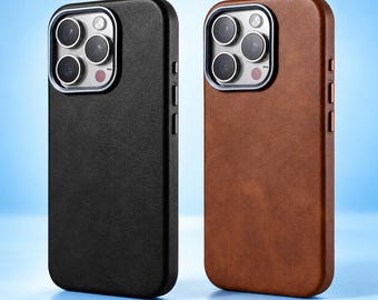 Luxury Leather Case for iPhone 18 17 16 15 14 13 Pro Max, MagSafe Retro Case with Metal Camera Lens, Business Cover