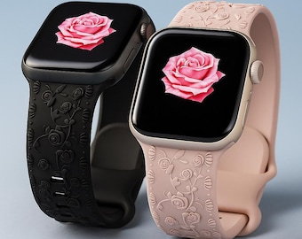 Floral Engraved Apple Watch Band - Silicone Strap for iWatch Series Ultra 2 9 8 7 6 SE - All Sizes 38-49mm - Unique Flower Design for Women