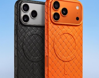 May include: Two phone cases, one black and one orange, are displayed against a blue gradient background. The cases have a woven texture and a circular design on the back. The orange case has a camera module with three lenses.