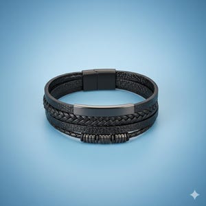 Op de afbeelding: Een zwart leren armband met meerdere strengen en een magnetische sluiting. De armband heeft een gevlochten streng, een gladde metalen plaat en een reeks kleine, cilindrische kralen. De armband wordt getoond tegen een lichtblauwe achtergrond.