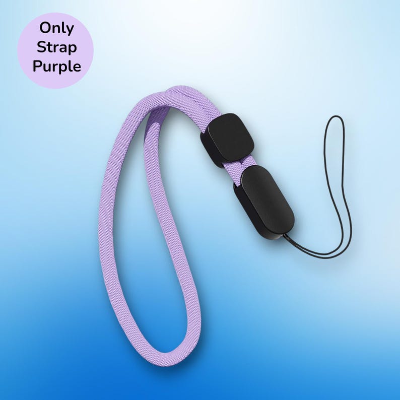 May include: A lilac wrist strap with black connectors and a black string loop. The strap is made of a woven material and is designed to be worn around the wrist. The text "Only Strap Purple" is in a purple circle.