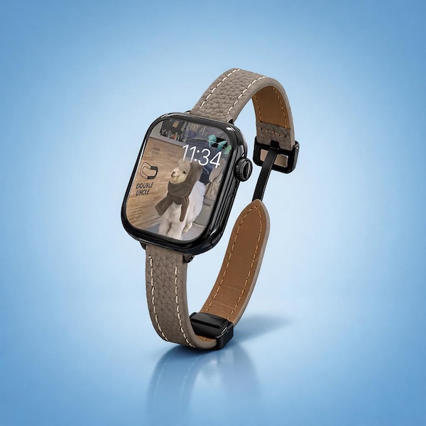 Pulseira fina magnética de couro para Apple Watch | Pulseira com fecho dobrável para iWatch Ultra 2, 3 e todas as séries | Pulseira elegante de 38 mm a 49 mm | Presente minimalista