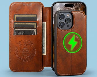 Leather iPhone Case with Wallet, MagSafe Compatible Flip Cover for iPhone 17 16 15 14 Pro Max, Men's Card Holder Phone Case, Gift for Him