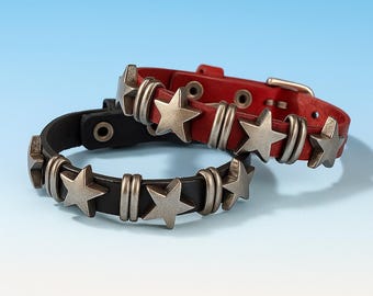 Handmade Leather Gothic Star Bracelet - Adjustable Punk Rock Cuff - Edgy Goth Festival Jewelry - Artisan Crafted Black Red Brown Wristband