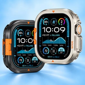 May include: Two smartwatches with rectangular cases, one in matte black and one in metallic silver. Both feature digital displays showing the time 10:09, weather data, tide charts, and wind speed. Each watch has a bright orange side button.