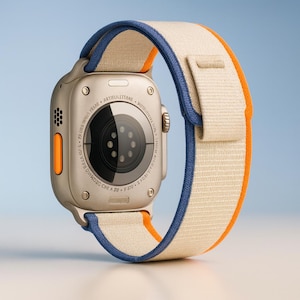 Op de afbeelding: Een zilveren smartwatch met een crèmekleurige band met blauwe en oranje accenten. De wijzerplaat heeft een zwarte cirkelvormige sensor en een oranje knop. De band is gemaakt van geweven materiaal.