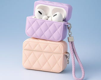 Luxury Quilted Leather AirPods Case (Pro 2, Pro, 3, 2, 1, 4th Gen) | Chic Protective Cover with Strap | Designer Earbud Pouch