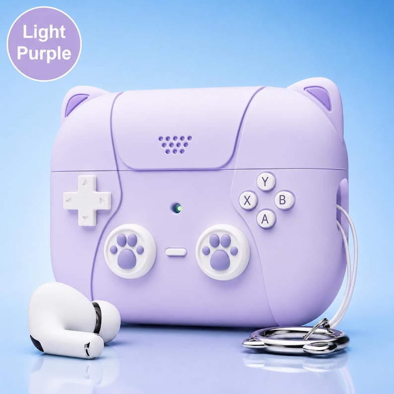 Unique Gamer AirPods Case | Vintage Console Design for AirPods 3rd/4th Gen & Pro 3 | Durable Silicone w/ Keychain | Perfect Gaming Gift Light Purple