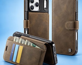 MagSafe Leather Wallet Case for iPhone 17 16 15 14 13 Pro Max, Flip Cover with Card Holder and Cash Slot