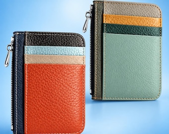 Genuine Leather Card Holder, Slim Zipper Coin Purse for Men Women, Credit Card Case, Business Card Wallet