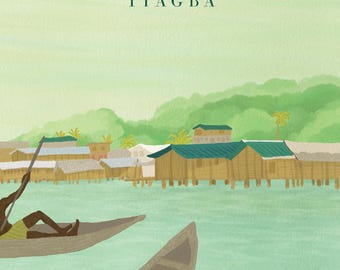 Tiagba, Elfenbenskusten | Traditionell konst från lagunbyar | Väggdekorationer i Elfenbenskusten | Afrikansk landskapsillustration