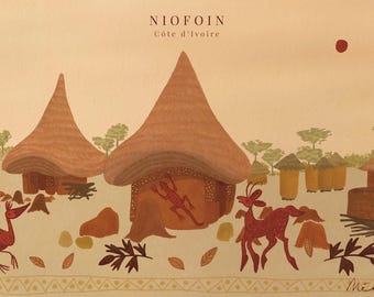 Illustration av afrikansk by – Niofoin, norra Elfenbenskusten | Landskapstryck med savann | Modern afrikansk väggkonst
