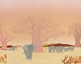 Konsttryck med savannlandskap i Région des Savanes I, Elfenbenskusten – Illustration med elefanter och baobabträd – Afrikansk väggkonst