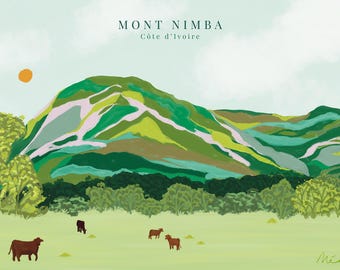 Mont Nimba, Elfenbenskusten | Västafrikanskt bergstryck | Modern väggdekoration | Afrikansk landskapsillustration