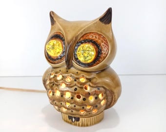 Vintage 1960s Japanese Ceramic Glazed Owl TV Lamp with Glowing Amber Eyes